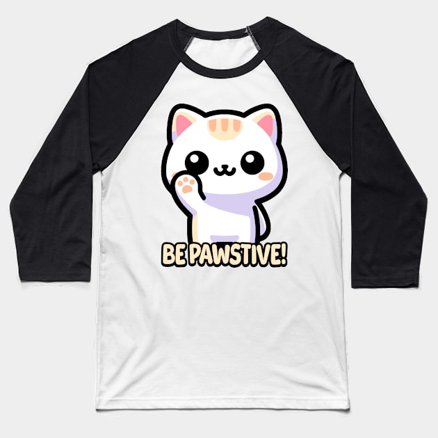 Be Pawsitive! Cute Cat Pun Baseball T-Shirt by Cute And Punny